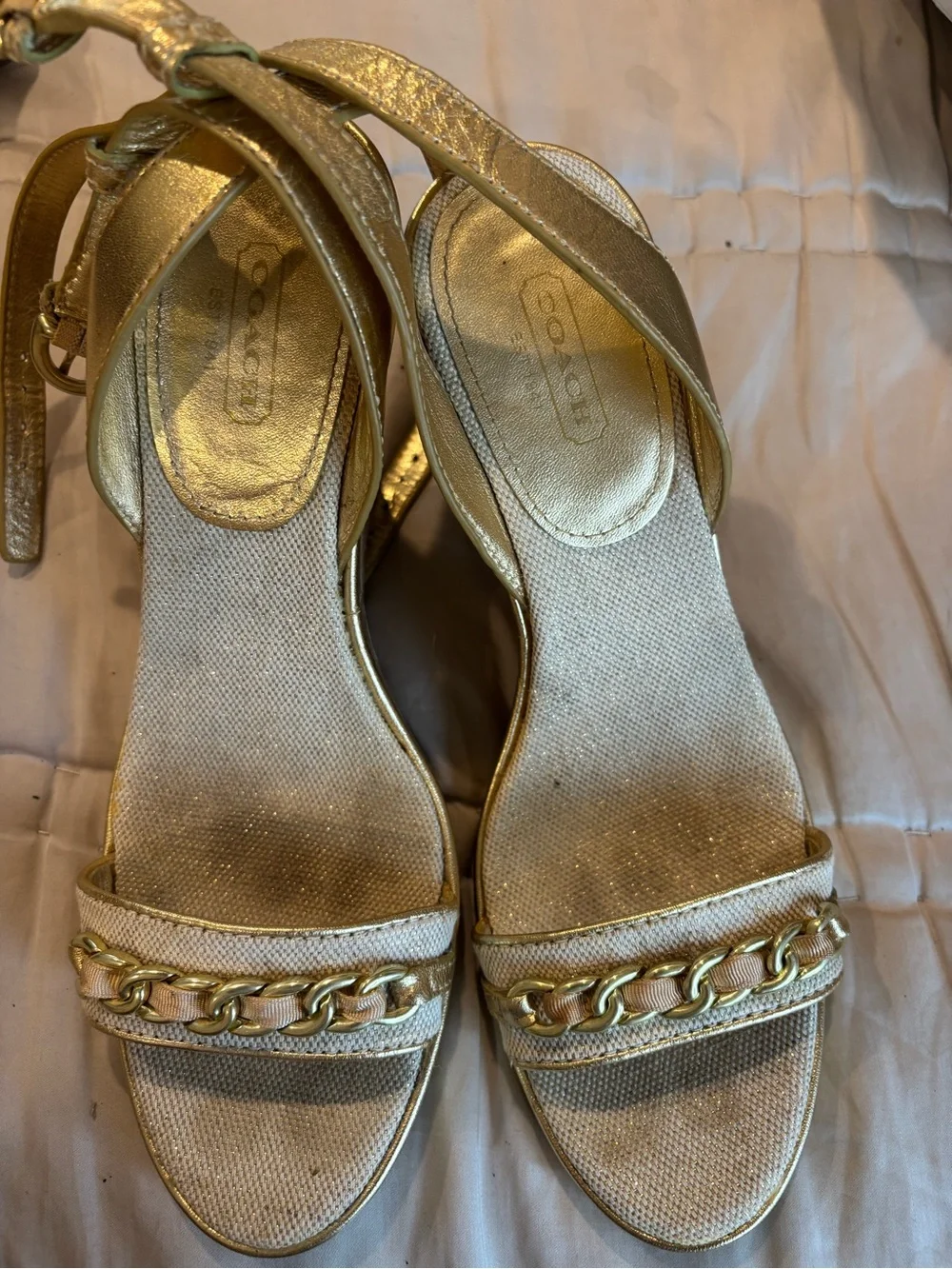 Coach Vintage Metallic Gold Chain-Trim Cork Wedges